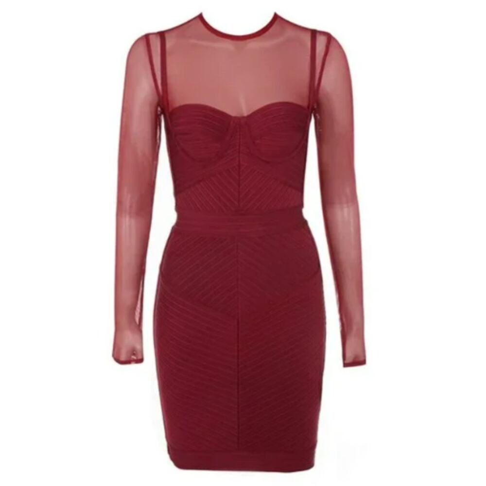 House of CB London Noelle Mesh Cutout Mini Bodycon Dress Size XS Wine Red